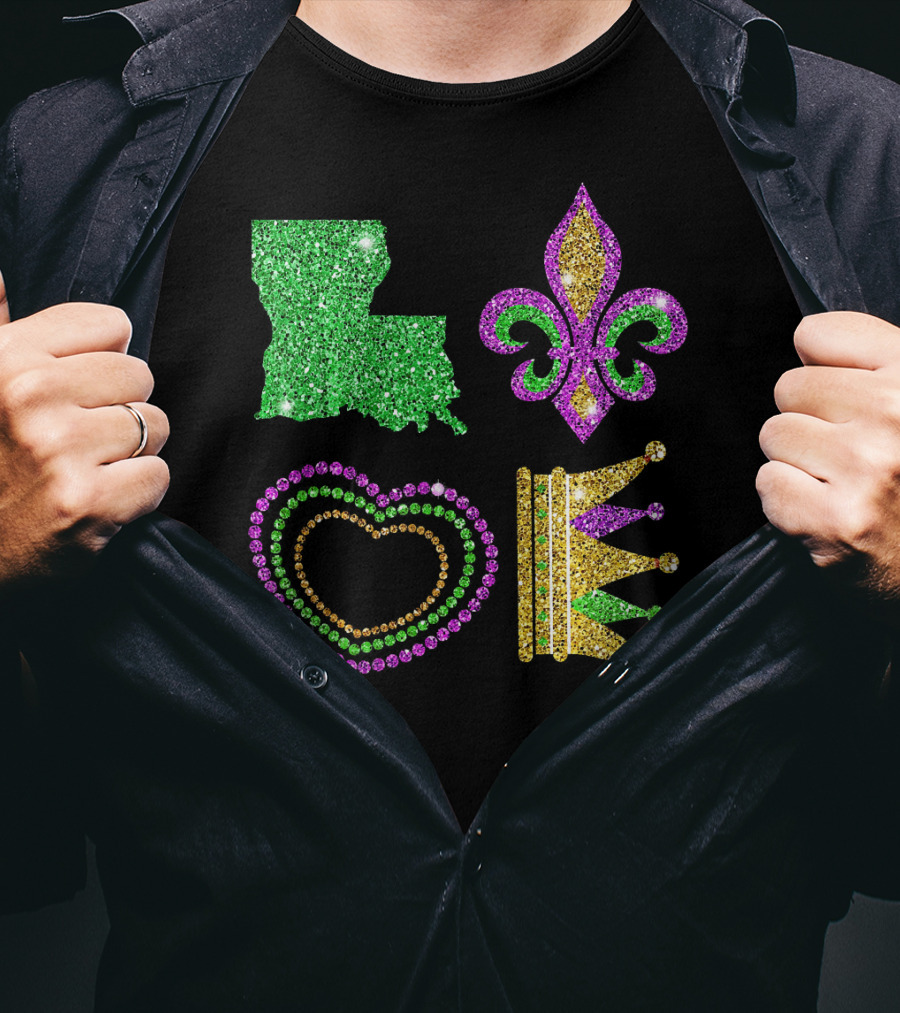 Love Mardi Gras Funny New Orleans Mardi Louisiana Glitter Fleur-de-Lis Heart Crown T-Shirt