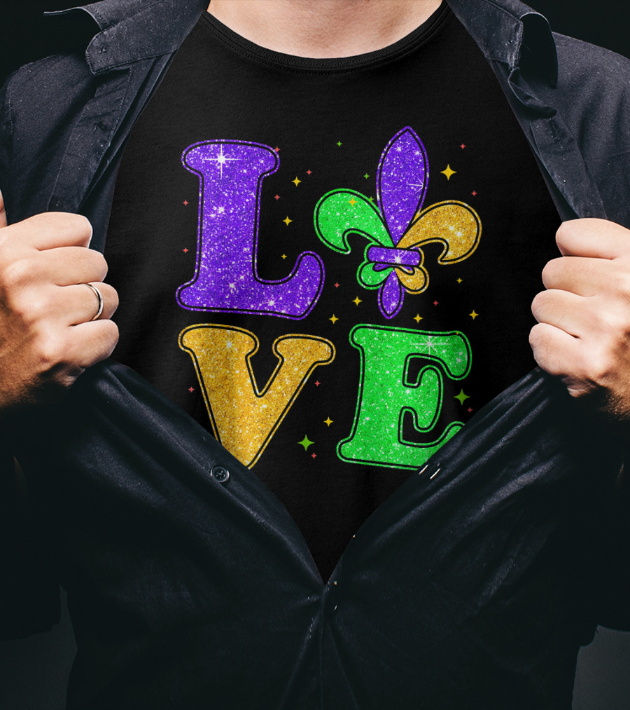 Love Mardi Gras Fleur De Lis Glitter T-Shirt