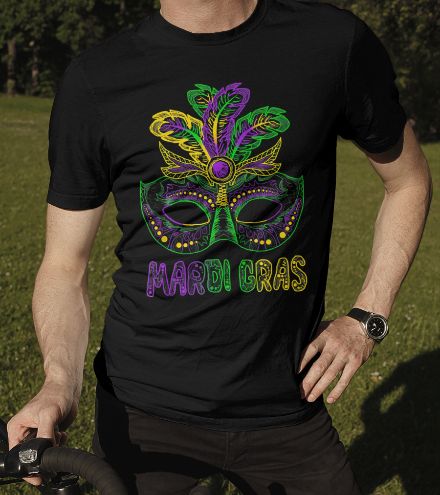 Mardi Gras Mask With Colorful Feather T-Shirt