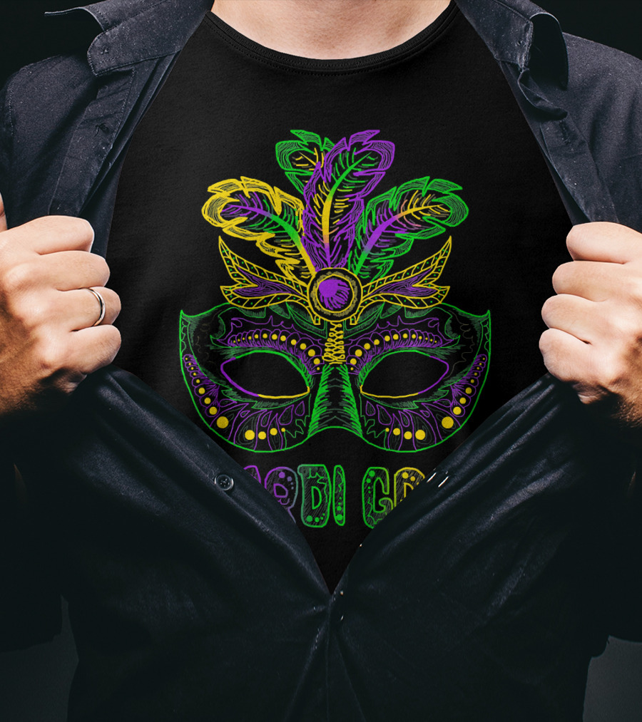 Mardi Gras Mask With Colorful Feather T-Shirt