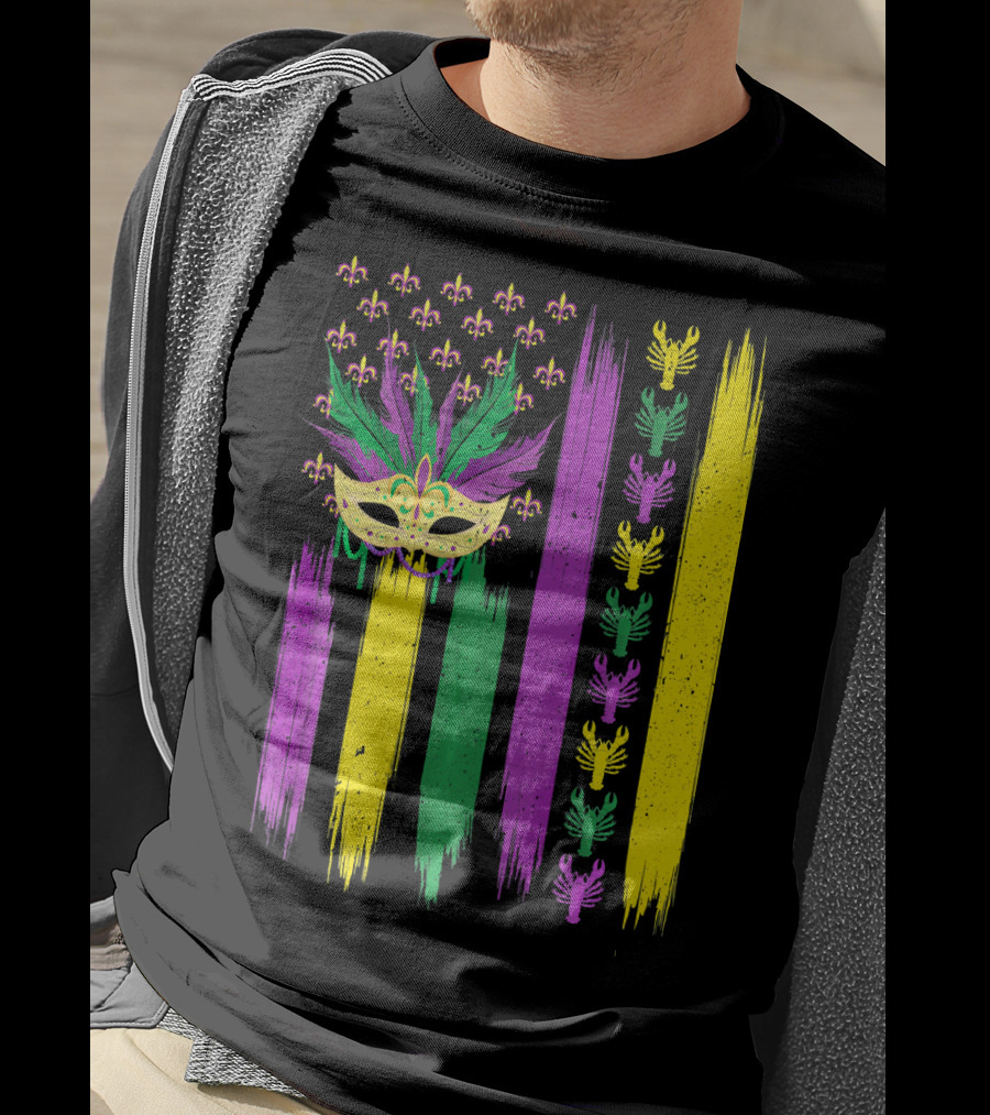 Crawfish Mask Mardi Gras Fleur-de-Lis American Flag Colors T-Shirt