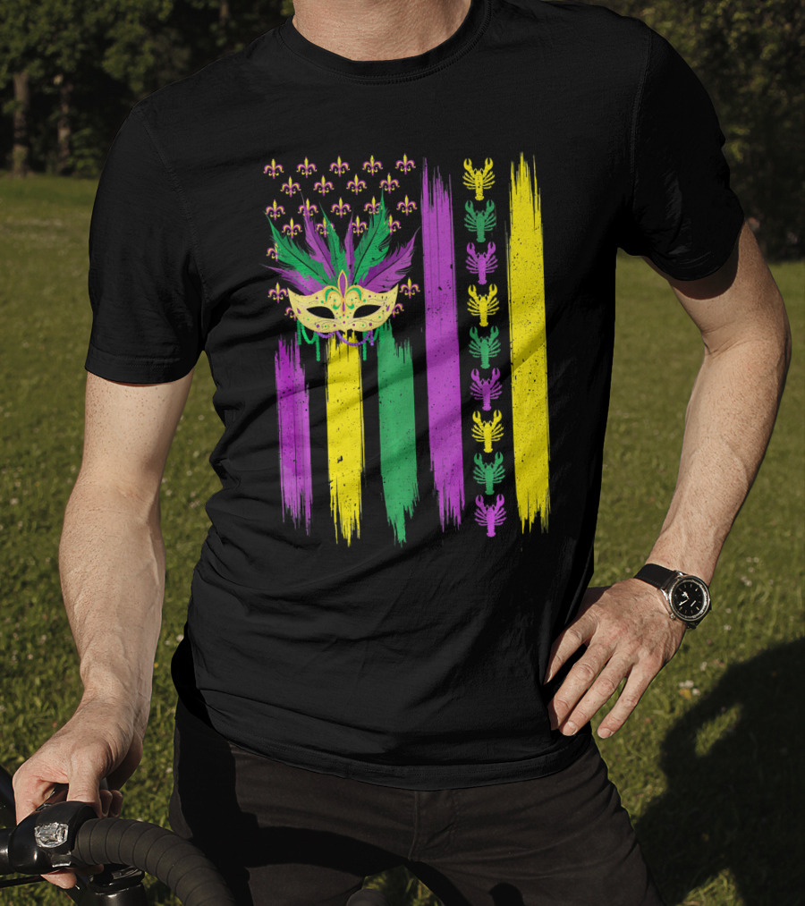 Crawfish Mask Mardi Gras Fleur-de-Lis American Flag Colors T-Shirt