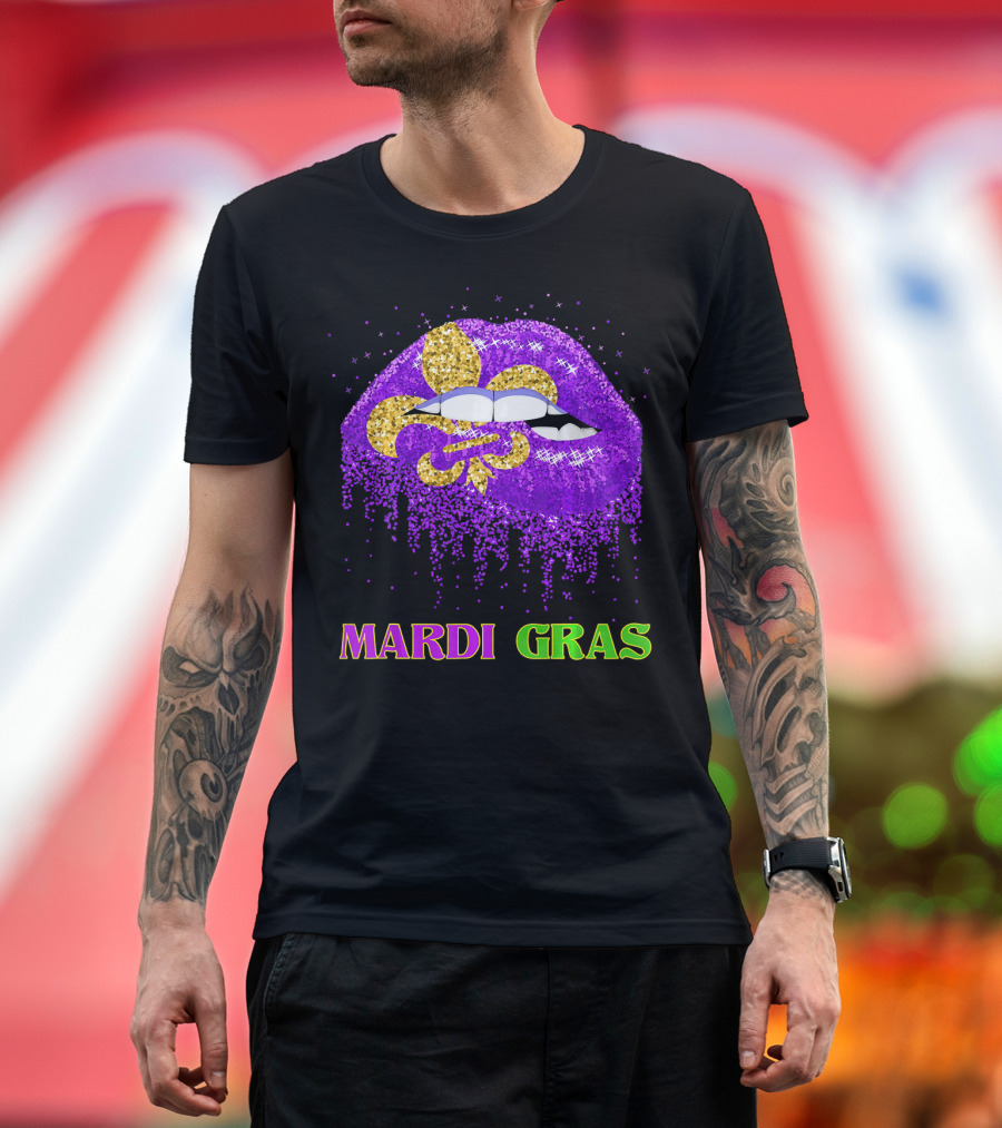 Mardi Gras Costume Funny Lips Glitter Fleur-de-lis T-Shirt