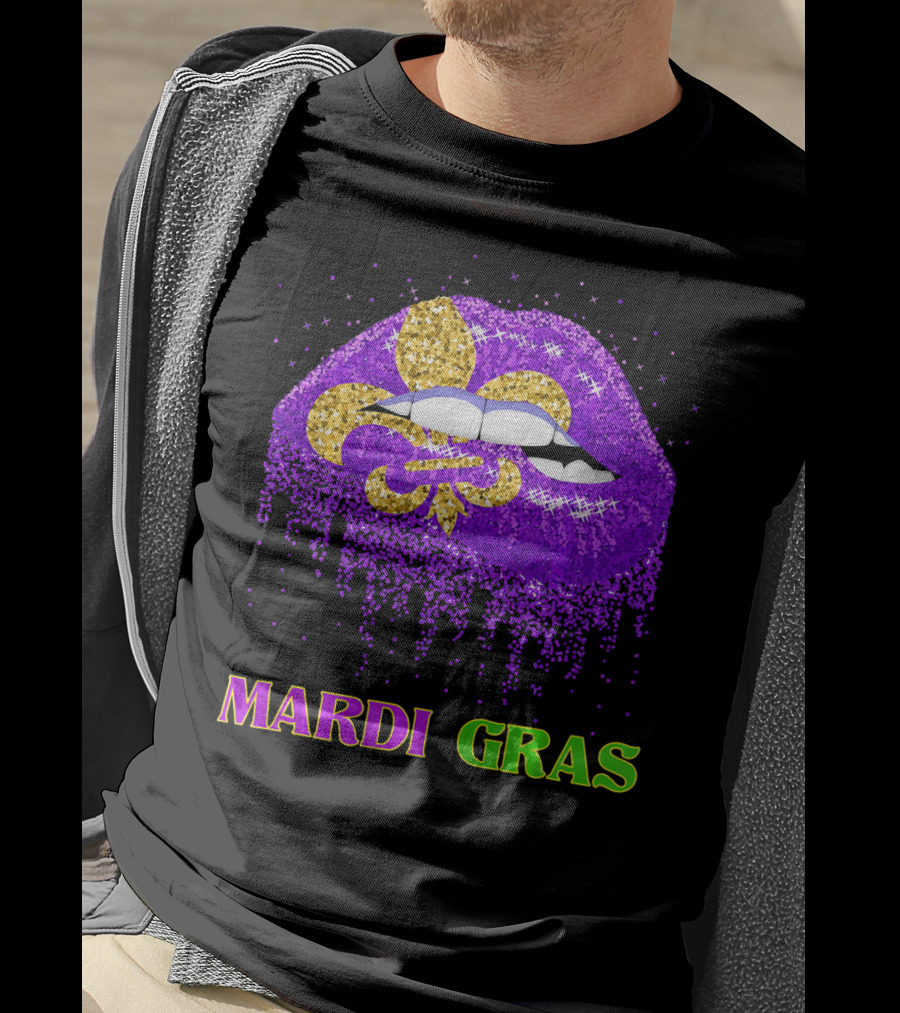 Mardi Gras Costume Funny Lips Glitter Fleur-de-lis T-Shirt
