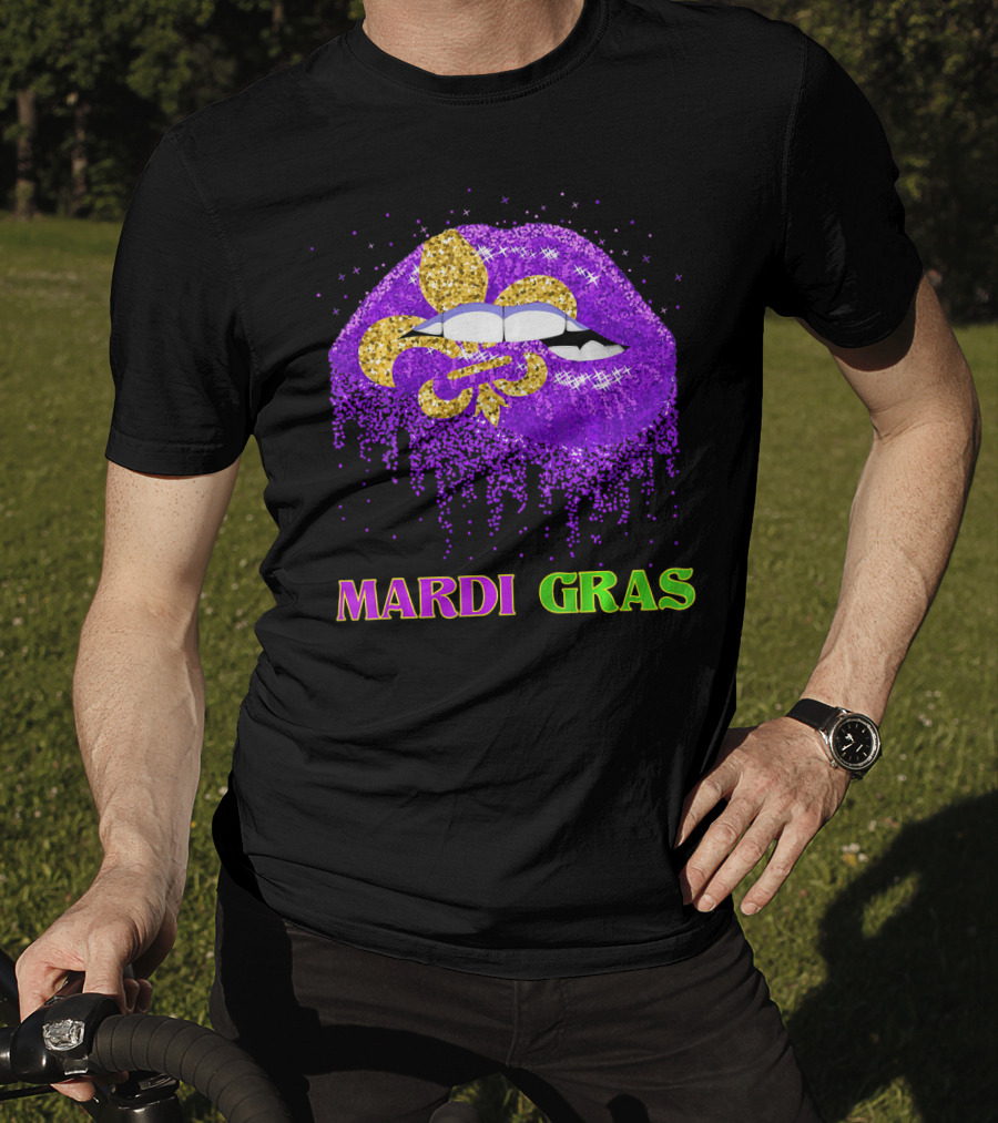 Mardi Gras Costume Funny Lips Glitter Fleur-de-lis T-Shirt