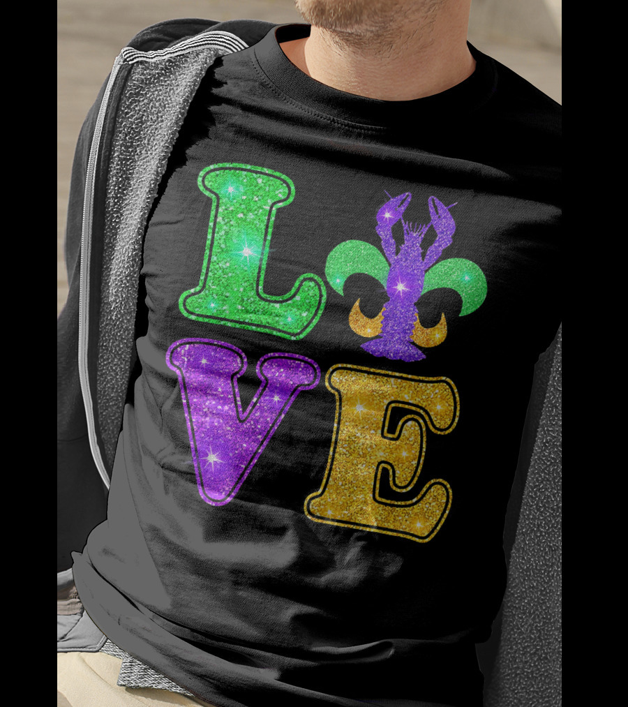 Mardi Gras Love Glitter Fleur De Lis Crawfish T-Shirt