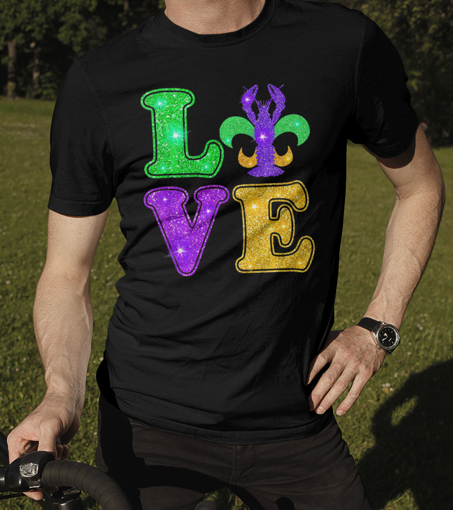 Mardi Gras Love Glitter Fleur De Lis Crawfish T-Shirt