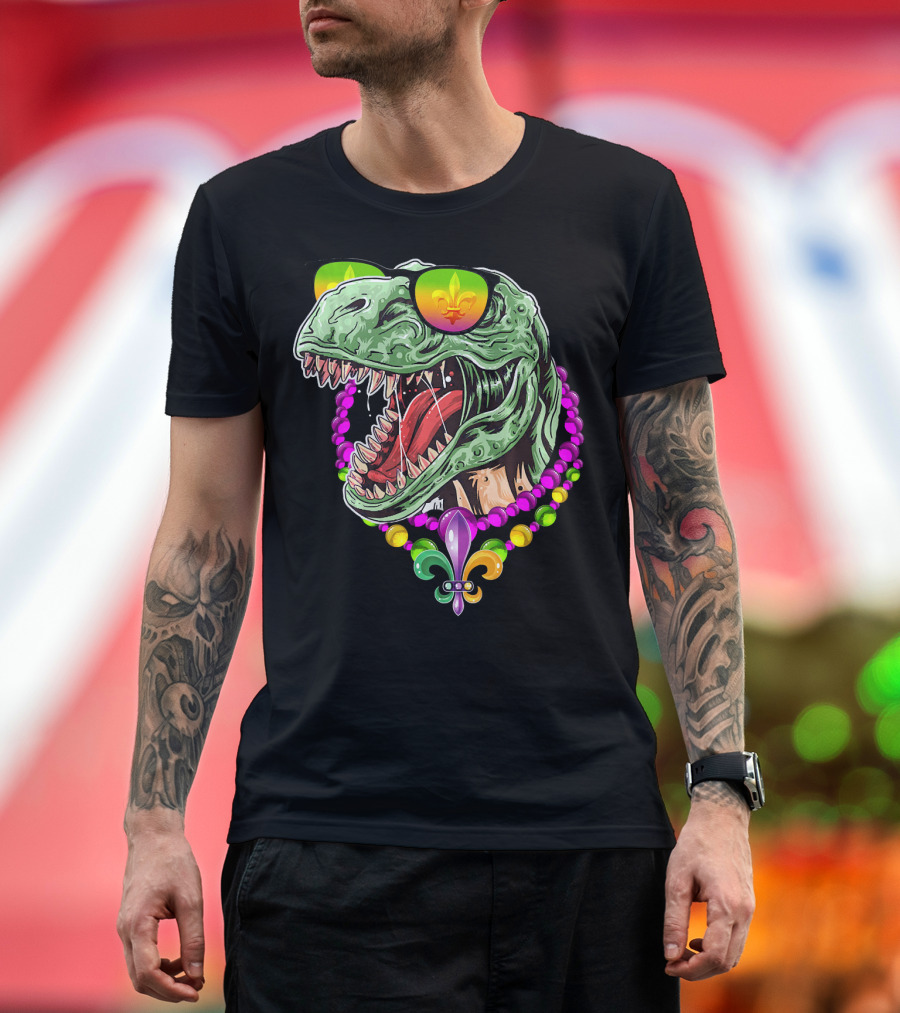Dinosaur Rex Mardi Gras Beads With Fleur-de-Lis And Sunglasses T-Shirt