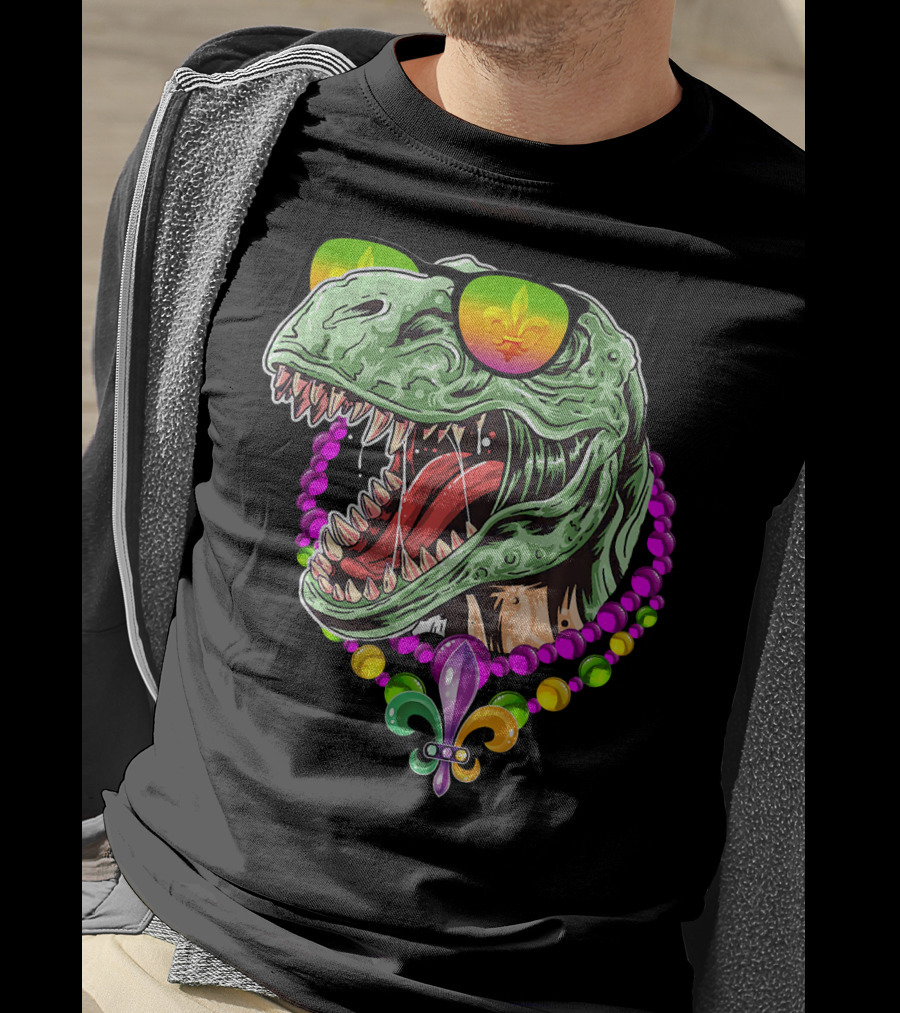 Dinosaur Rex Mardi Gras Beads With Fleur-de-Lis And Sunglasses T-Shirt