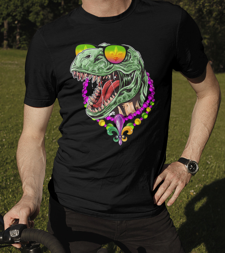Dinosaur Rex Mardi Gras Beads With Fleur-de-Lis And Sunglasses T-Shirt