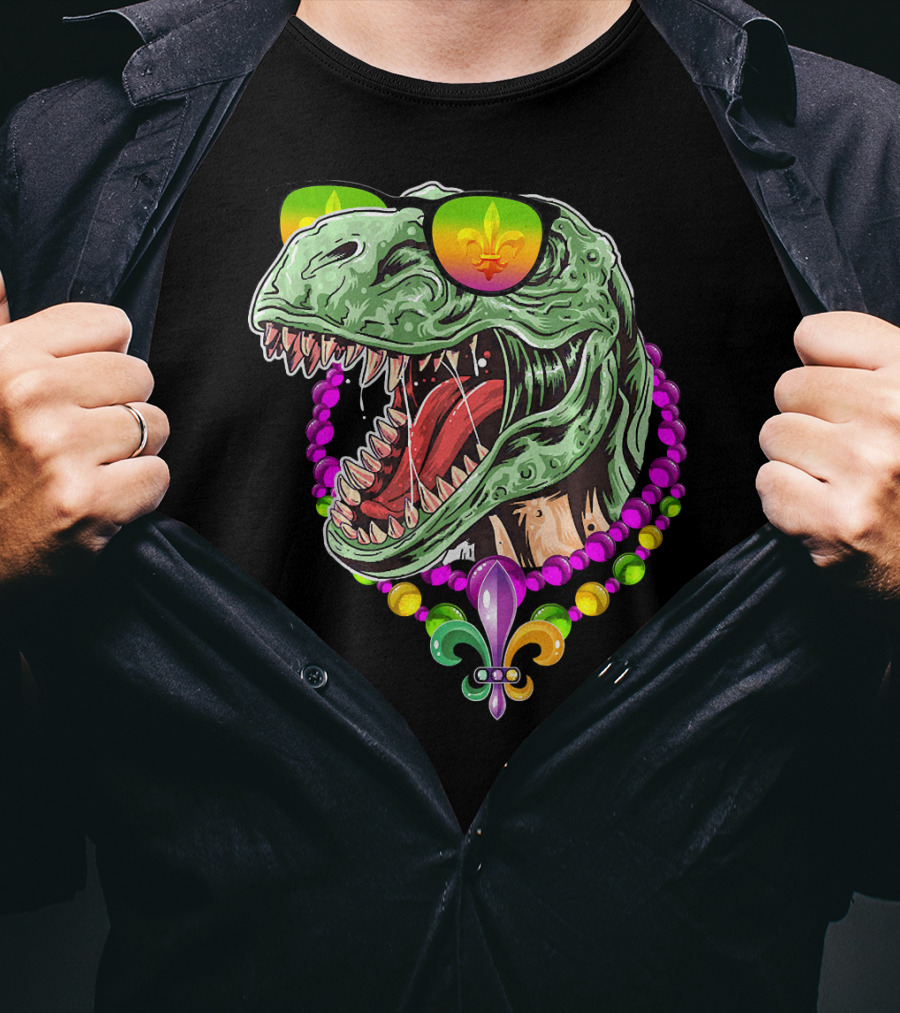 Dinosaur Rex Mardi Gras Beads With Fleur-de-Lis And Sunglasses T-Shirt
