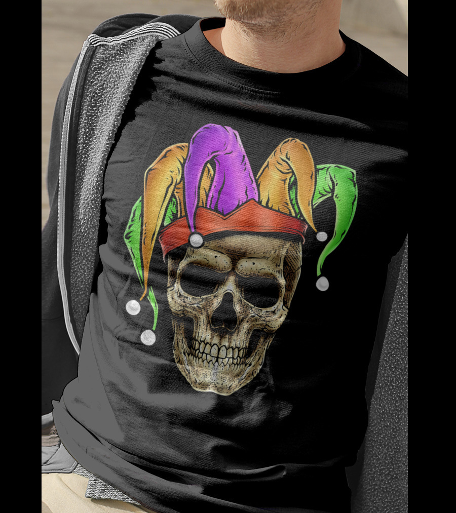 Skull Face Mardi Gras Jester Joker Colorful Hat T-Shirt