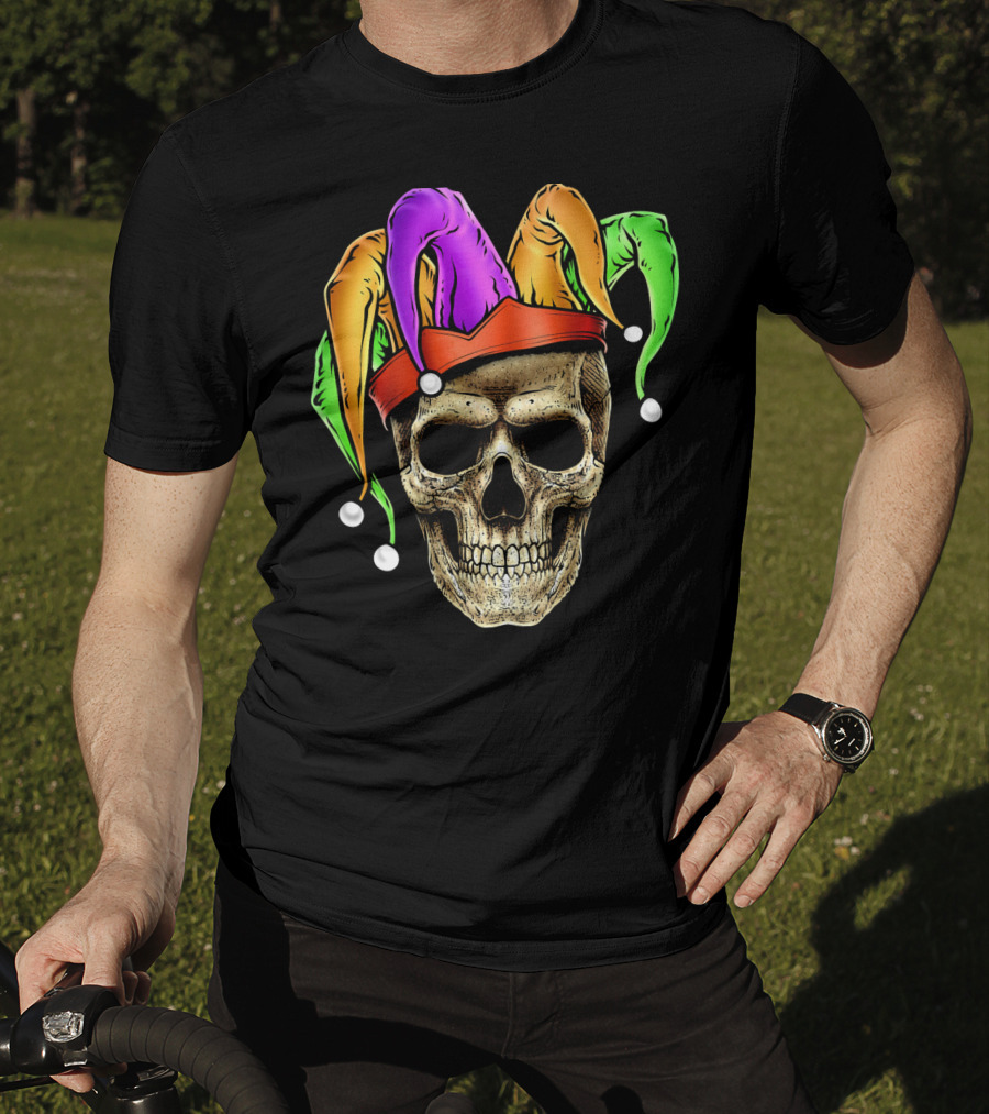 Skull Face Mardi Gras Jester Joker Colorful Hat T-Shirt