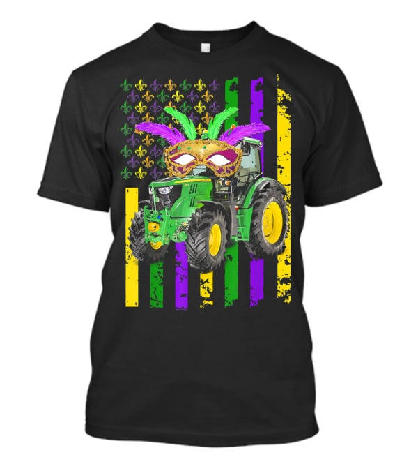 Mardi Gras Mask Tractor With Fleur-de-Lis And American Flag Colors T-Shirt