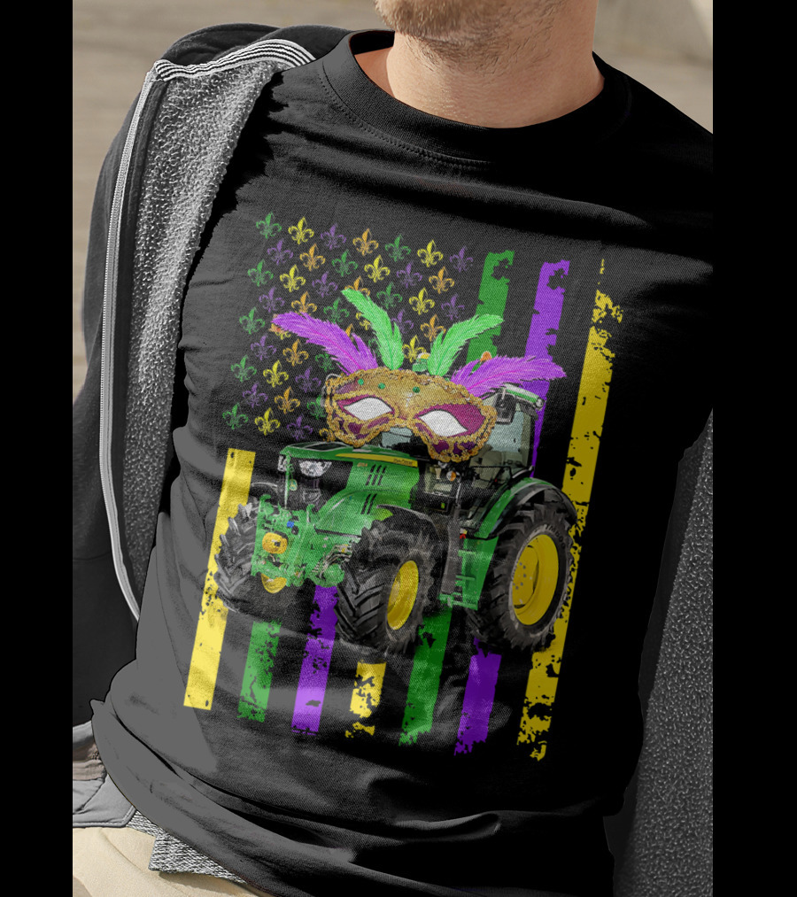 Mardi Gras Mask Tractor With Fleur-de-Lis And American Flag Colors T-Shirt