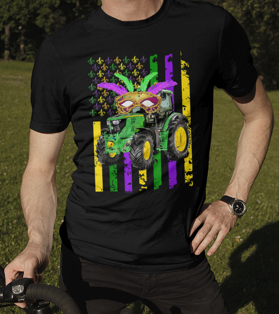 Mardi Gras Mask Tractor With Fleur-de-Lis And American Flag Colors T-Shirt
