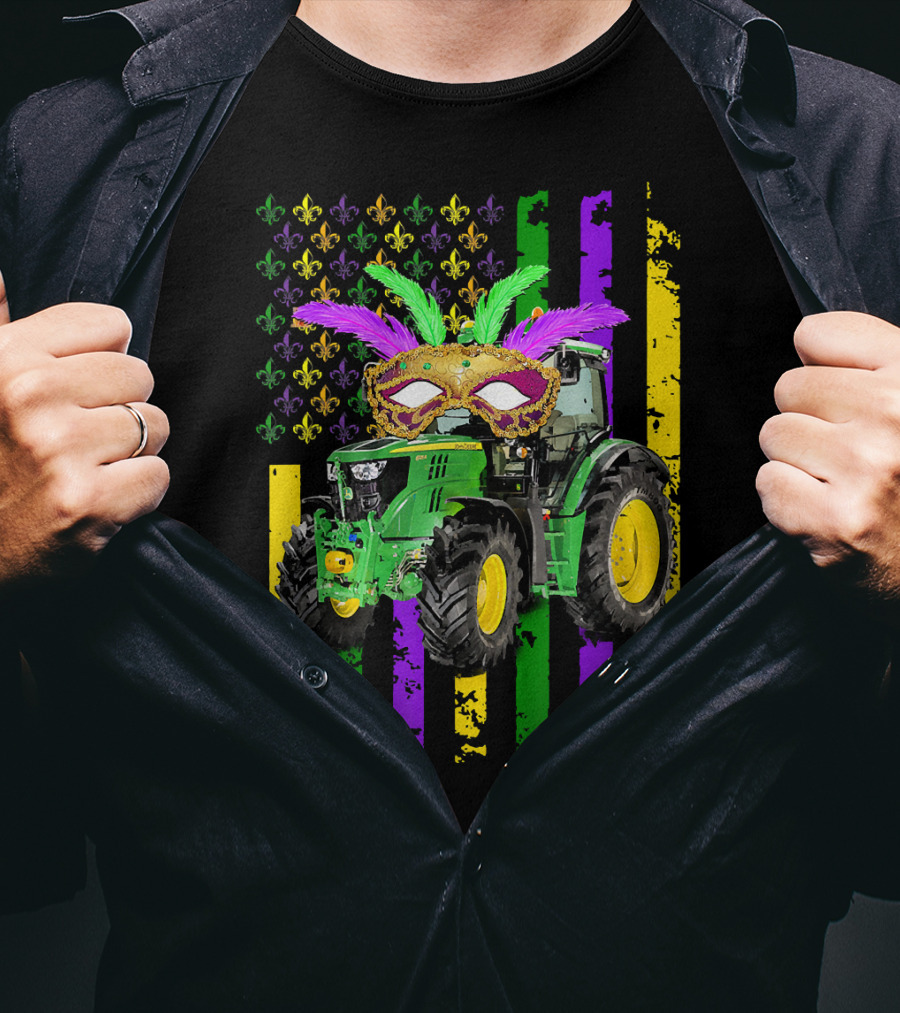 Mardi Gras Mask Tractor With Fleur-de-Lis And American Flag Colors T-Shirt