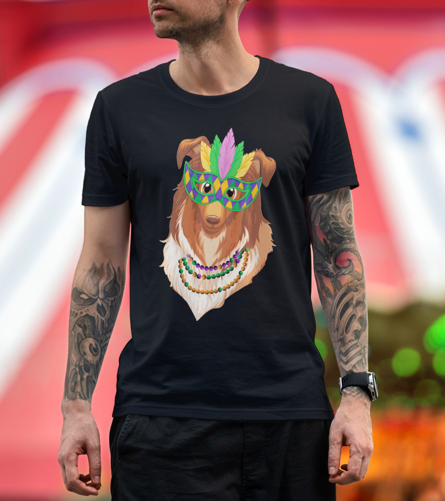 Collie Wearing Mardi Gras Mask and Beads T-Shirt