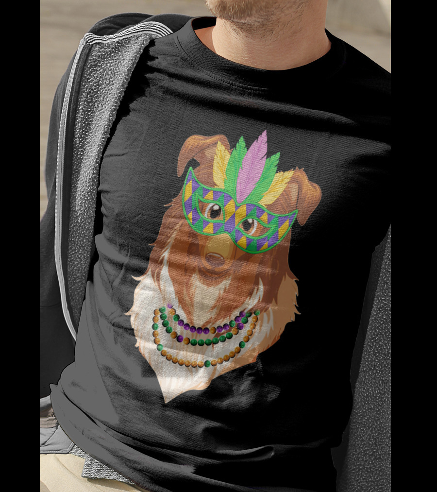 Collie Wearing Mardi Gras Mask And Beads T-Shirt
