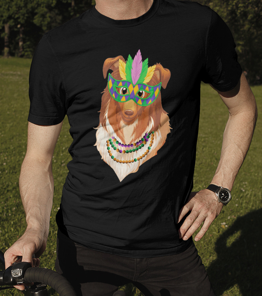 Collie Wearing Mardi Gras Mask And Beads T-Shirt