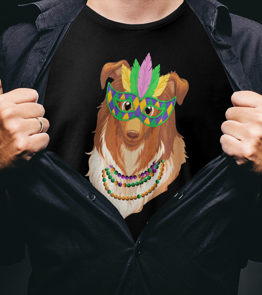 Collie Wearing Mardi Gras Mask And Beads T-Shirt