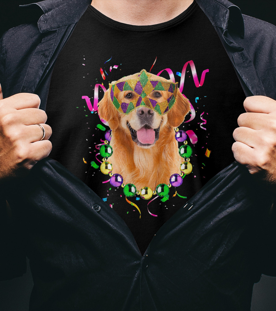 Golden Retriever Mardi Gras Mask And Beads T-Shirt