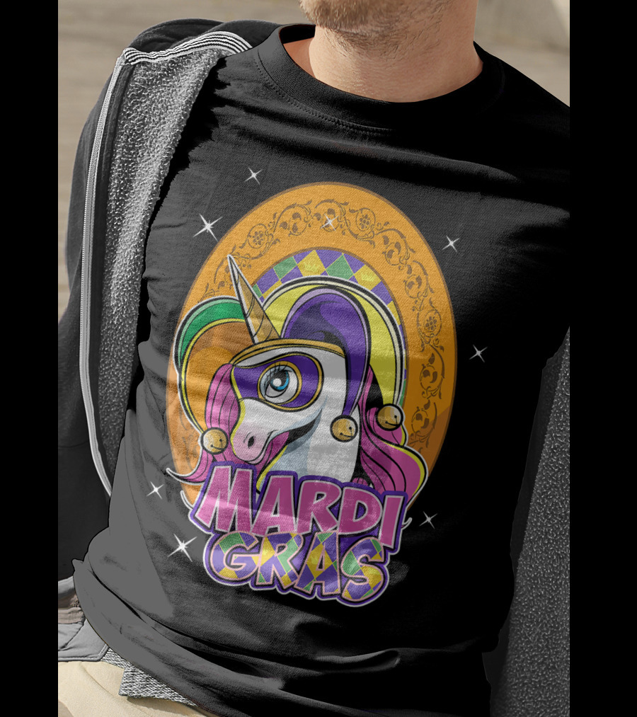 Mardi Gras Unicorn Mask Jester With Colorful Headpiece And Stars T-Shirt