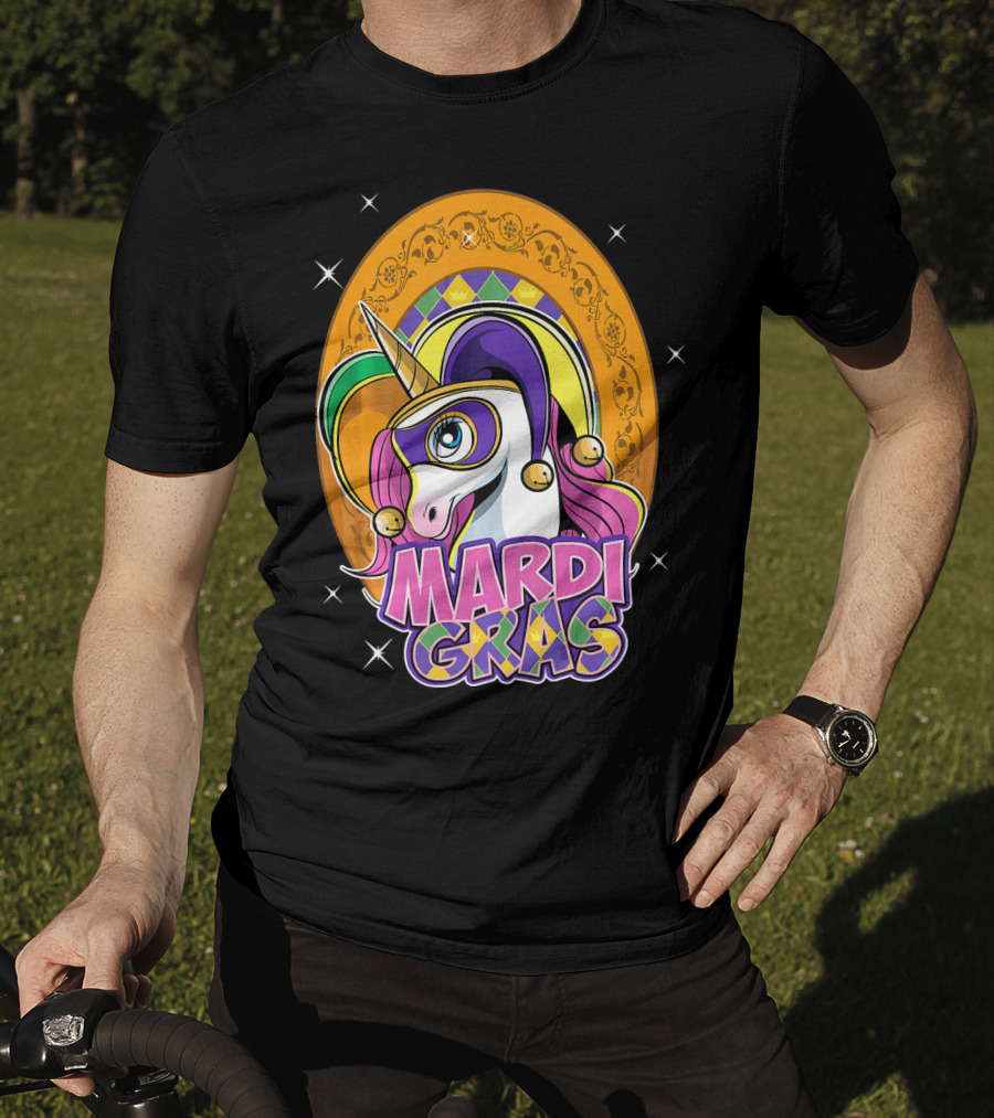 Mardi Gras Unicorn Mask Jester With Colorful Headpiece And Stars T-Shirt