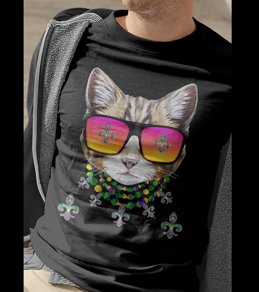 Mardi Gras Cat With Beads And Sunglasses Fleur-de-lis Icons T-Shirt