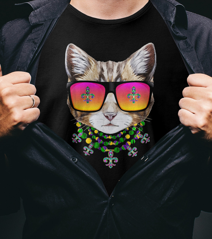 Mardi Gras Cat With Beads And Sunglasses Fleur-de-lis Icons T-Shirt