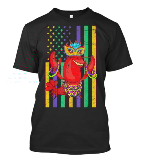 Funny Mardi Gras Crawfish In Bead Jester Hat With Colorful Star Stripes T-Shirt