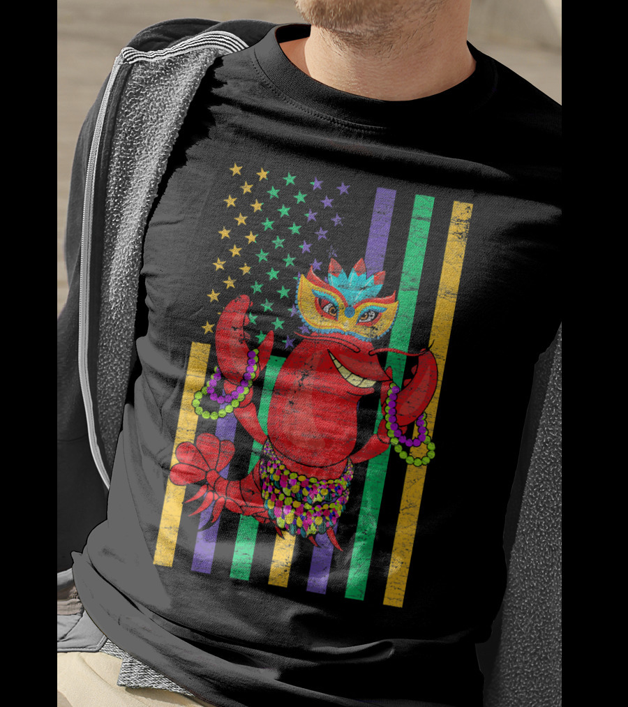 Funny Mardi Gras Crawfish In Bead Jester Hat With Colorful Star Stripes T-Shirt