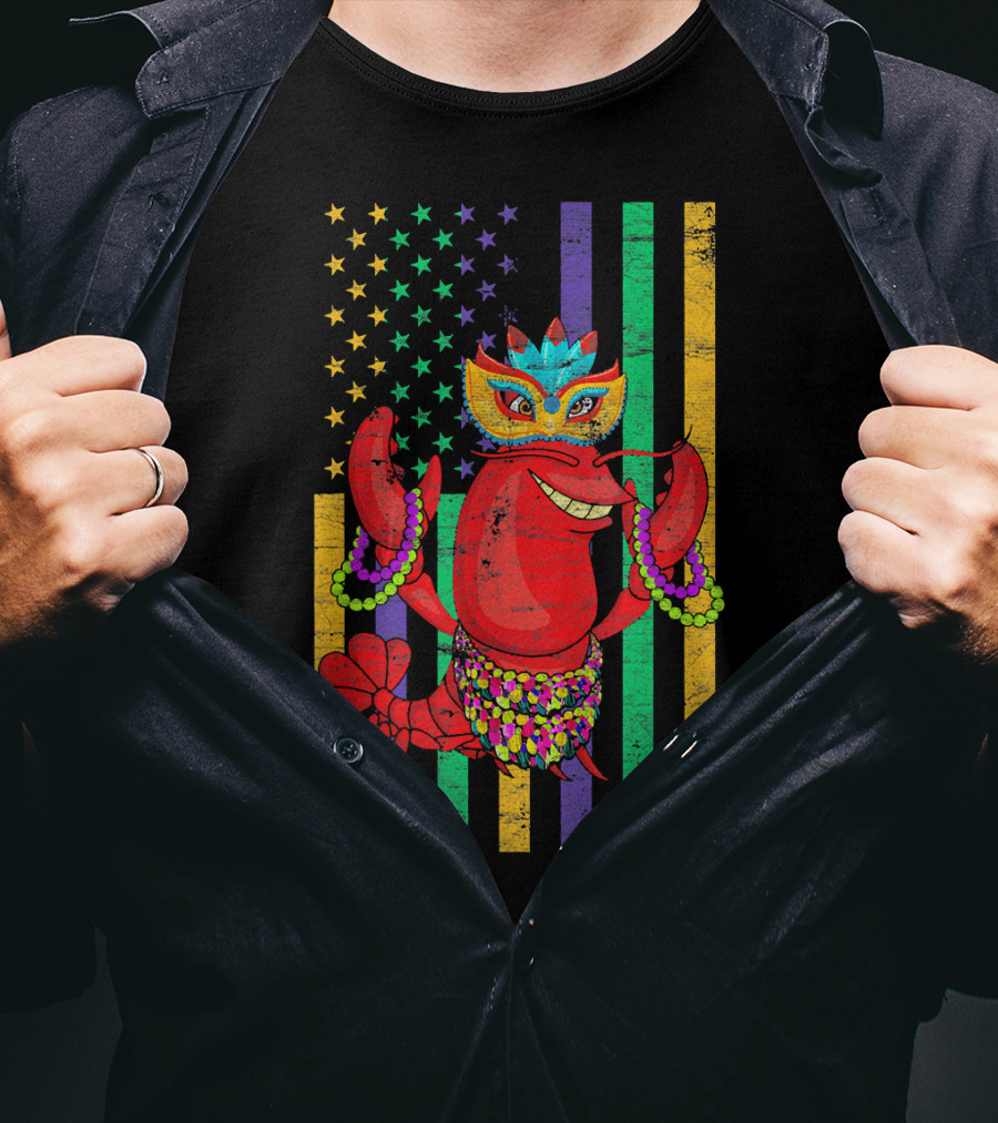 Funny Mardi Gras Crawfish In Bead Jester Hat With Colorful Star Stripes T-Shirt