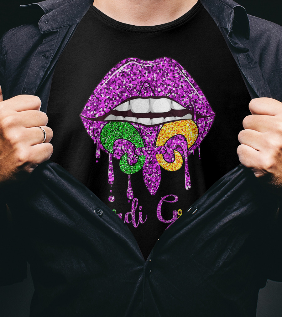 Mardi Gras Lip Biting Fleur De Lis Diamond Shining Co T-Shirt