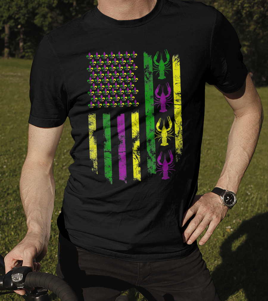 Mardi Gras Fleur-de-Lis Crawfish Flag In Purple Green Gold T-Shirt