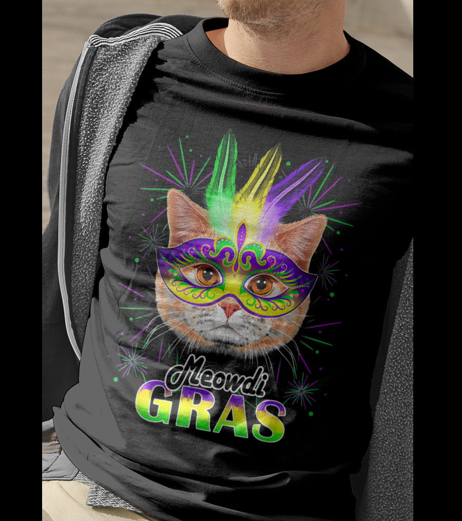 Meowdi Gras Mardi Gras Cat With Colorful Mask And Feathers T-Shirt
