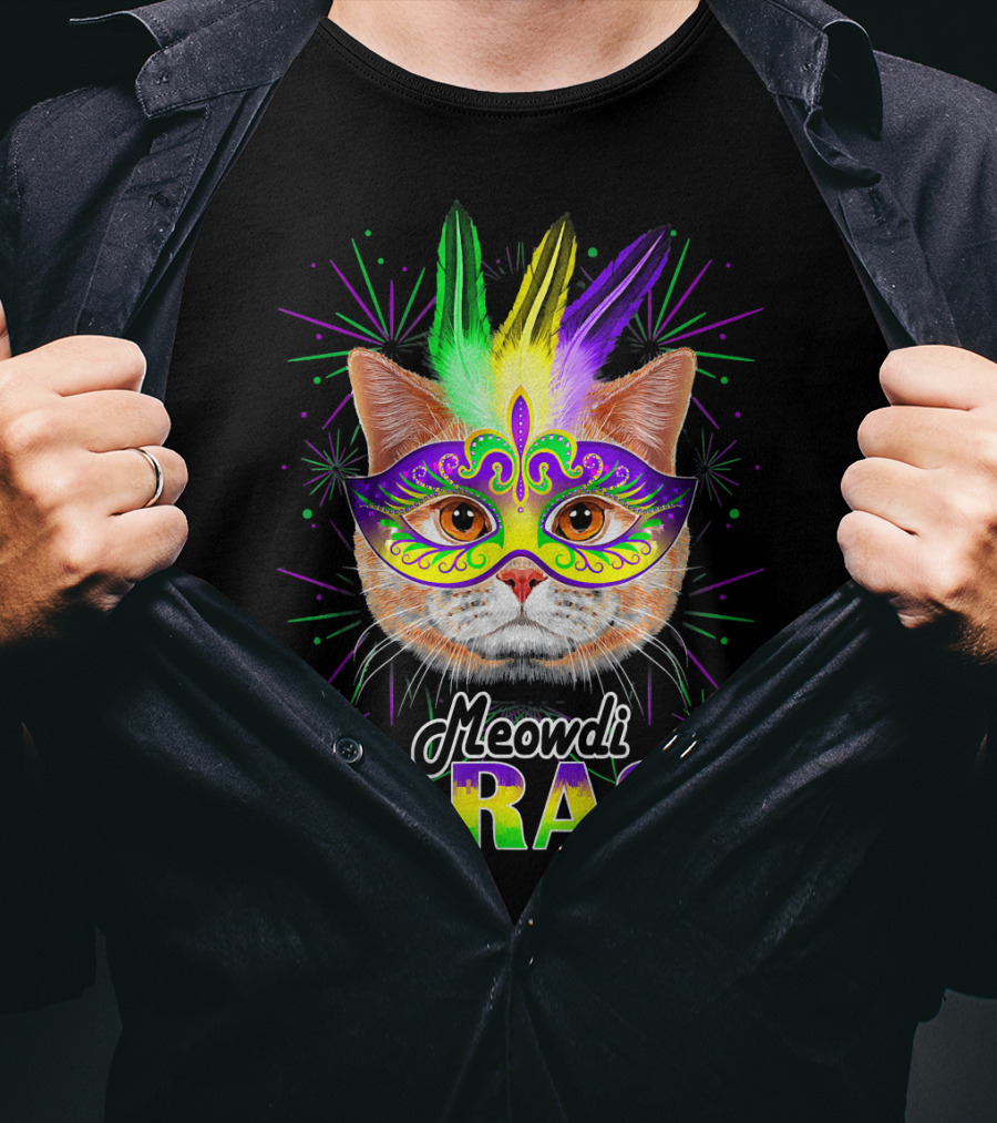 Meowdi Gras Mardi Gras Cat With Colorful Mask And Feathers T-Shirt