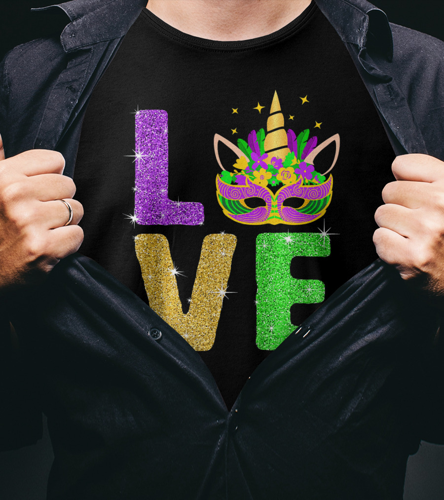 Unicorn Masquerade Mask Mardi Gras Love T-Shirt