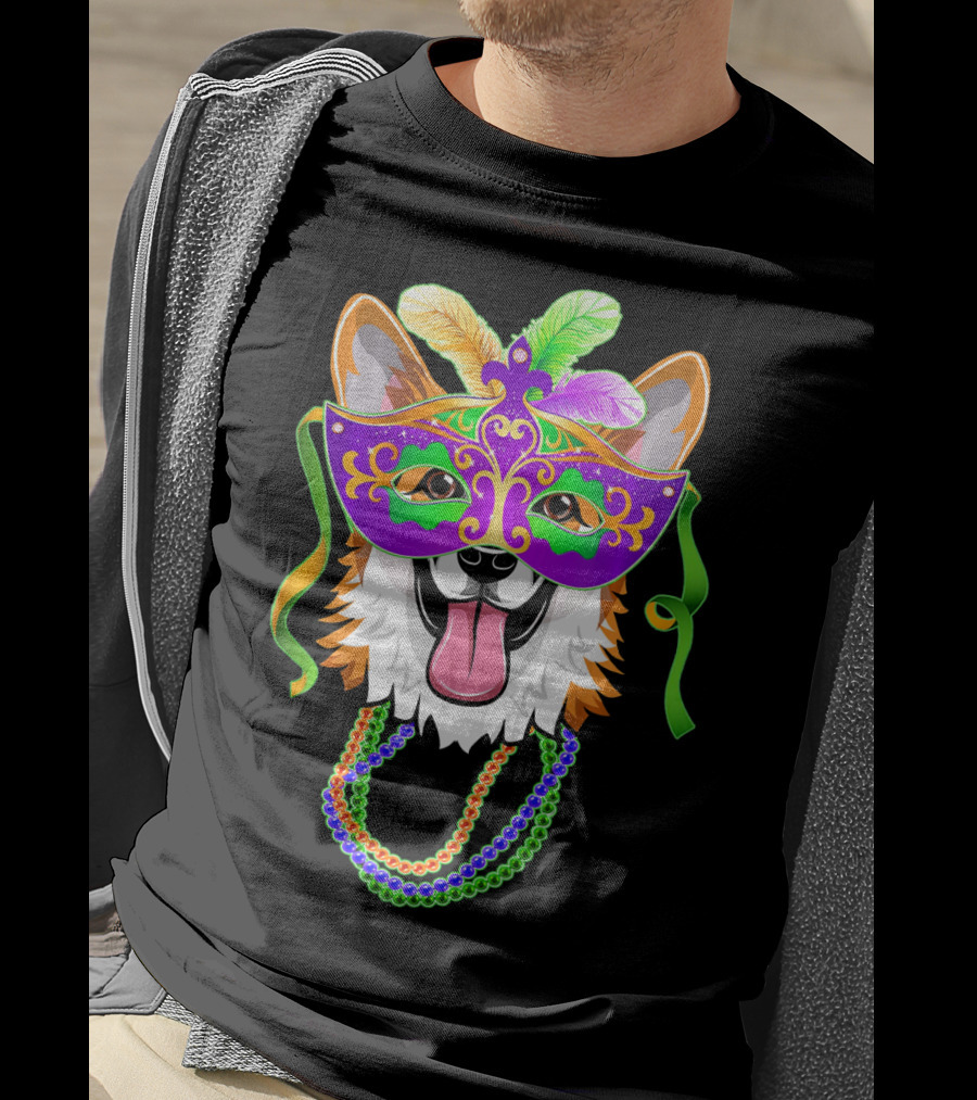 Mardi Gras Corgi Mask With Colorful Beads And Feathers T-Shirt