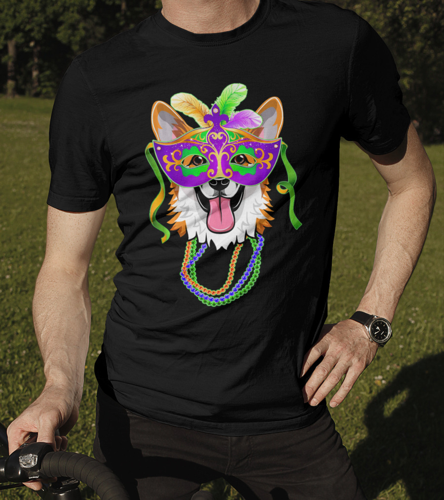 Mardi Gras Corgi Mask With Colorful Beads And Feathers T-Shirt