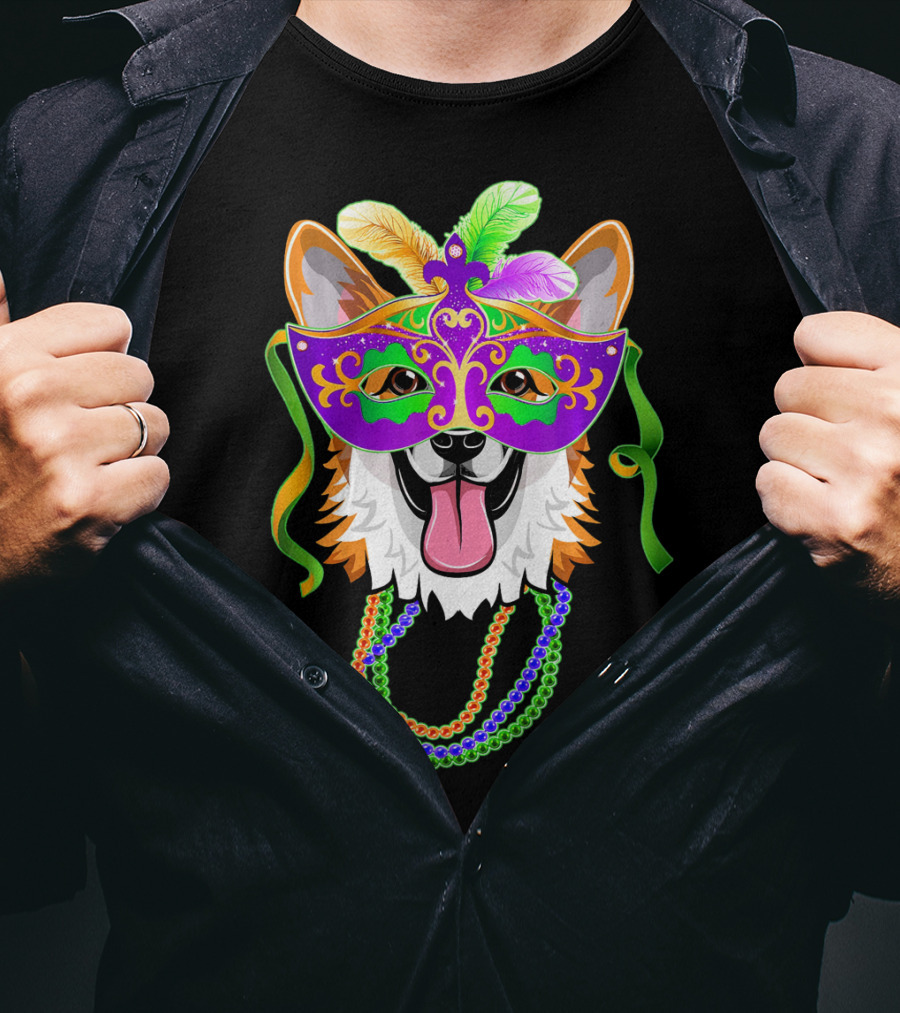 Mardi Gras Corgi Mask With Colorful Beads And Feathers T-Shirt