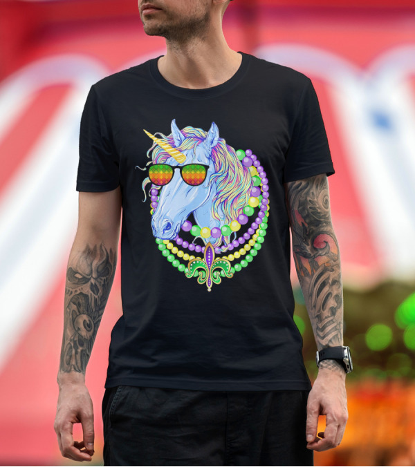 Premium T-Shirt: Unicorn with Sunglasses and Colorful Beads Featuring Fleur-de-Lis for Mardi Gras T-Shirt Unicorn with Sunglasses and Colorful Beads Featuring Fleur-de-Lis for Mardi Gras T-Shirt