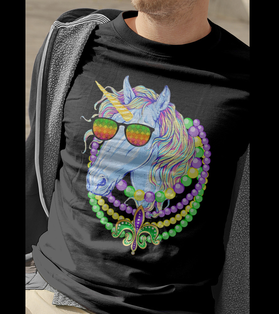 Unicorn With Sunglasses And Colorful Beads Featuring Fleur-de-Lis For Mardi Gras T-Shirt