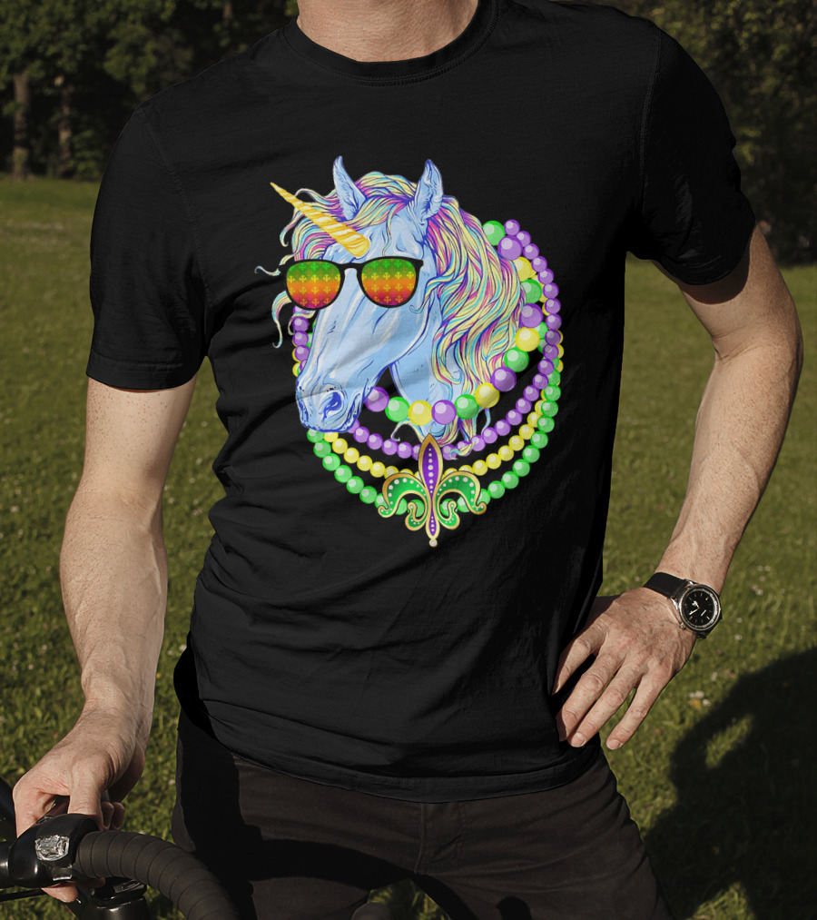 Unicorn With Sunglasses And Colorful Beads Featuring Fleur-de-Lis For Mardi Gras T-Shirt