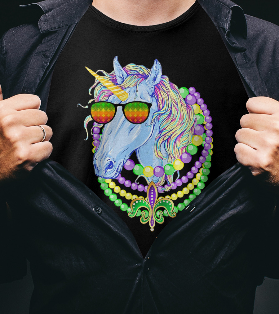 Unicorn With Sunglasses And Colorful Beads Featuring Fleur-de-Lis For Mardi Gras T-Shirt