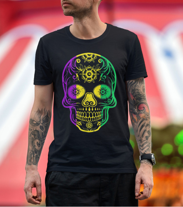 Premium T-Shirt: Mardi Gras Skull in Vibrant Purple Green and Yellow Fat Tuesday Colors T-Shirt Mardi Gras Skull in Vibrant Purple Green and Yellow Fat Tuesday Colors T-Shirt