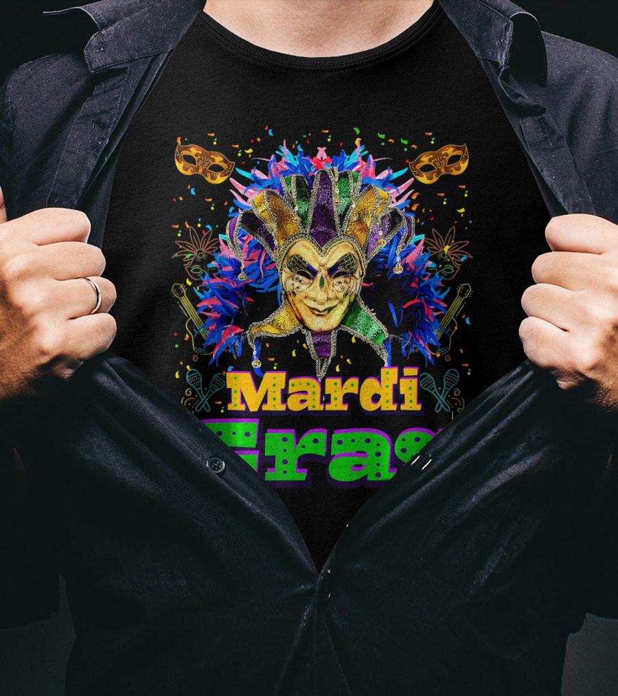 Mardi Gras New Orleans Mask Bead Colorful Jester Carnival T-Shirt