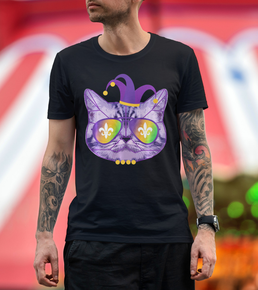 Funny Cat Jester Mask Sunglasses Cat Lover Fleur-de-lis T-Shirt