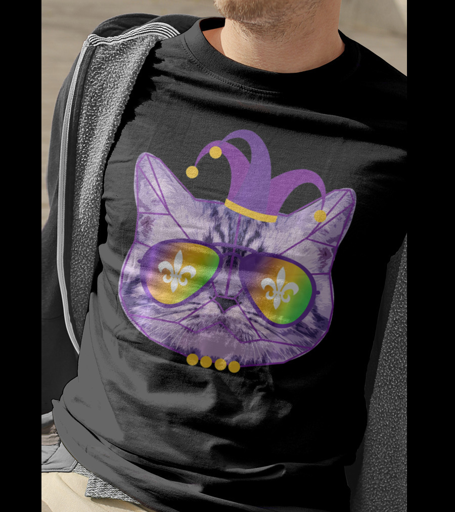 Funny Cat Jester Mask Sunglasses Cat Lover Fleur-de-lis T-Shirt