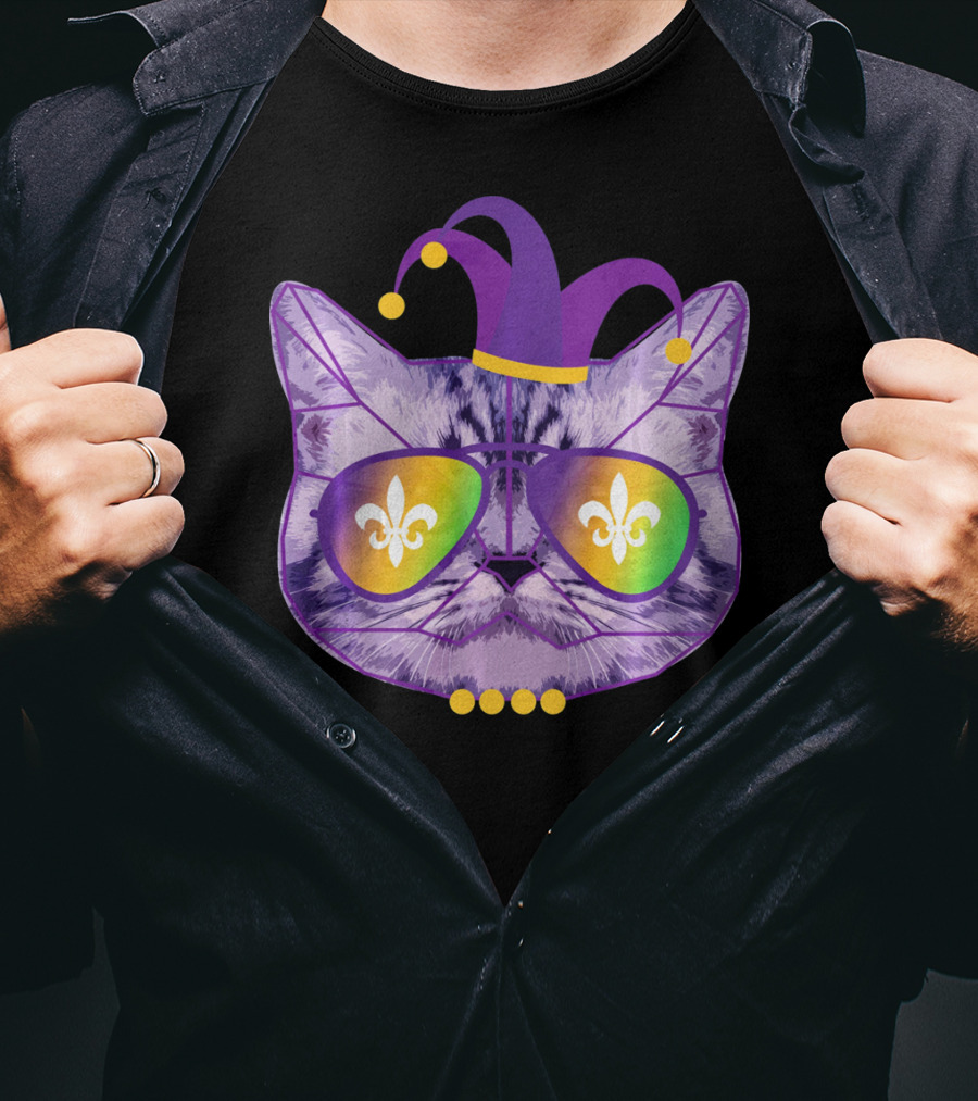 Funny Cat Jester Mask Sunglasses Cat Lover Fleur-de-lis T-Shirt